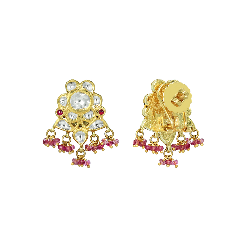 Floral Polki Stud Earrings with Tourmaline Beads and Ruby Accents